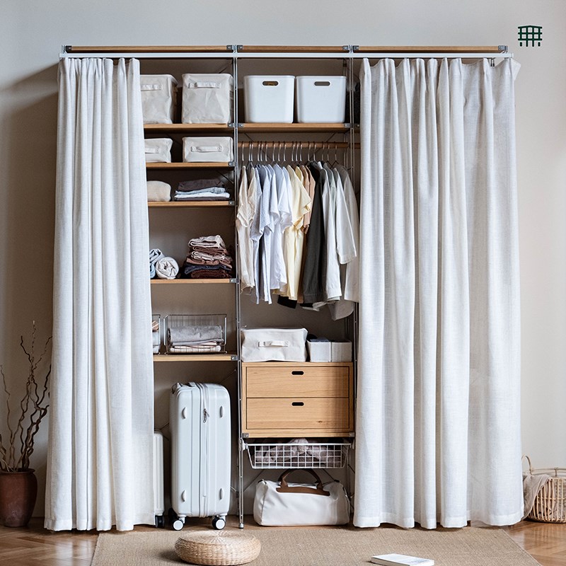 无即所有不锈钢实木衣帽架落地卧室防尘转角挂衣架开放式金属衣柜