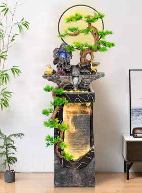 客厅高山流水生财摆件办公室开业礼品装饰迎客松假山喷泉水景落地