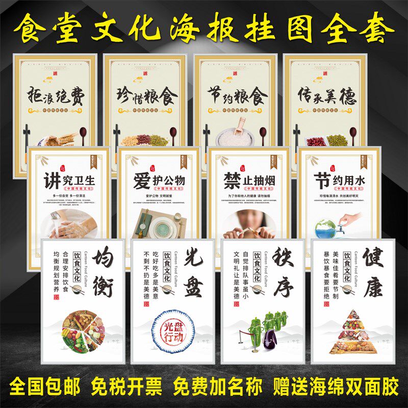 食堂文化墙贴海报挂图珍惜粮食光盘行动拒绝浪费干净卫生宣传标语