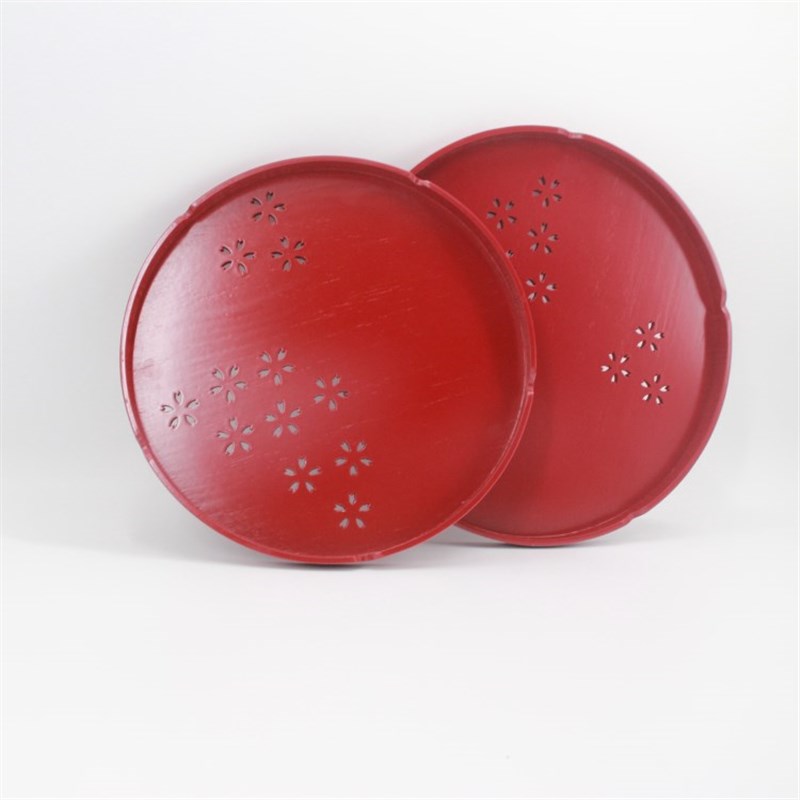 慕雅阁红色圆木盘子 功夫茶盘 实木 托盘  餐盘 结婚敬酒盘