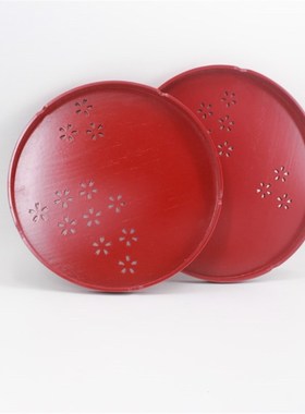 慕雅阁红色圆木盘子 功夫茶盘 实木 托盘  餐盘 结婚敬酒盘