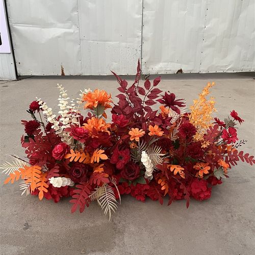 婚庆花排仿真花艺舞台背景kt板装饰花红橘色花艺地排花假花定制