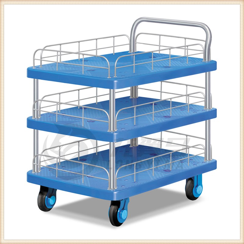 三层单扶手带护栏超静音手推车多层置物车零件工具车平板车布草车