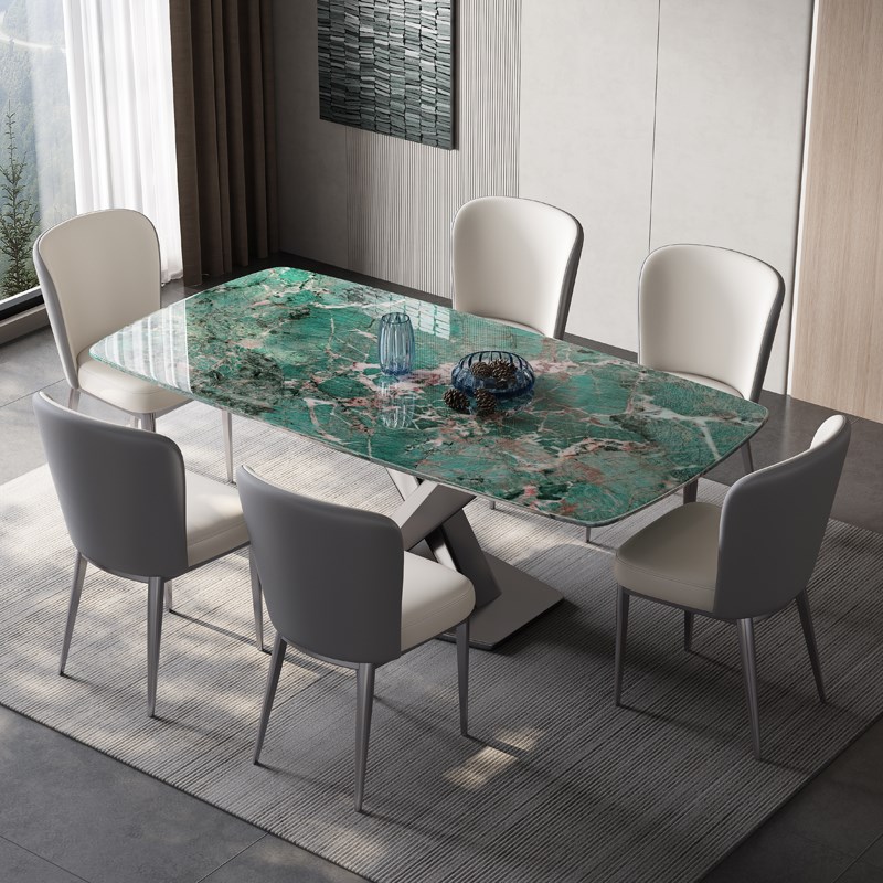 高端不锈钢超晶石餐桌家用小户型天然大理石西餐桌微晶石奢石桌子