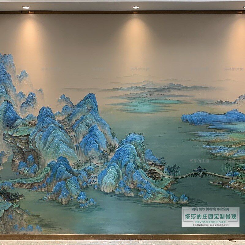 浮雕壁画千里江山纯手绘壁画新客厅抽象青绿山水肌理画挂画手浮雕