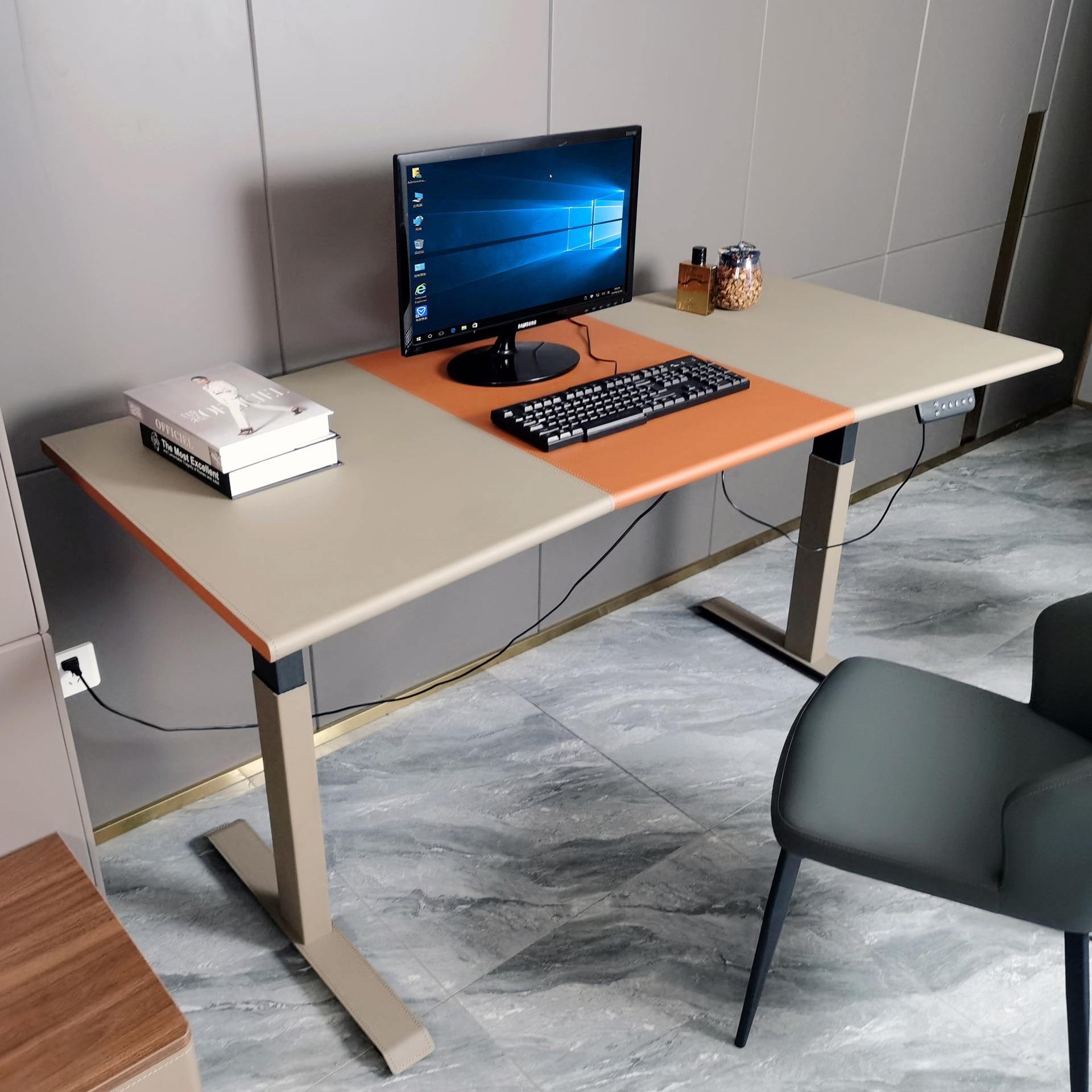 现代意式简约电动升降桌 家用电脑桌马鞍皮工作台 双电机办公书桌