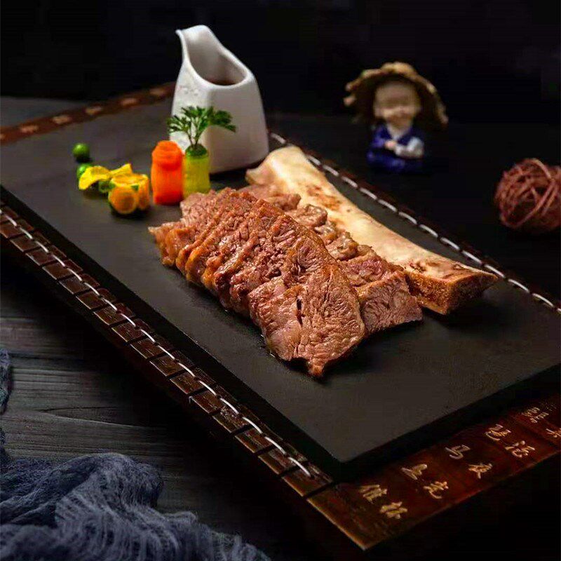 中式长方乌金石板平盘特色酒店用装牛肋骨意境菜创意厨师比赛餐具