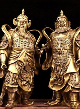 精品大号纯黄铜门神一套仿古哼哈二将军乔迁家居供奉中式神像摆件