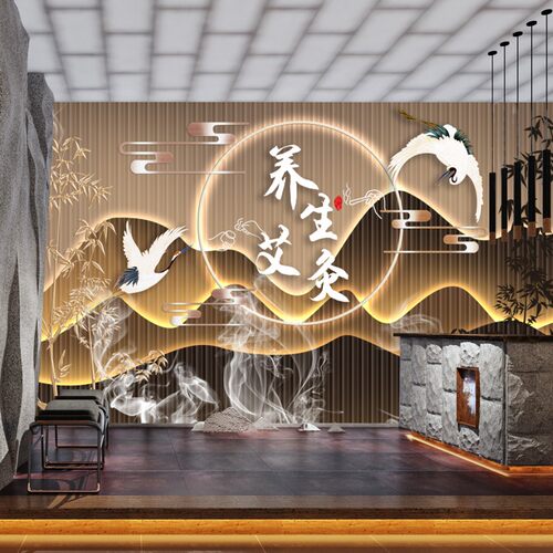 中医理疗店针灸正骨壁画养生会所前台装饰壁纸诊所诊室背景墙墙纸