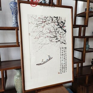 傅抱石国画秋江放艇图客厅进门玄关装饰画办公室书房走廊过道挂画