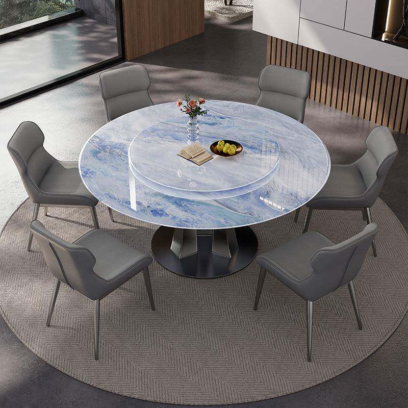 轻奢超石圆桌家用小DEA户型天晶微晶石转桌然子岩板餐桌带盘吃饭