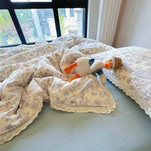 法式件镂花边全棉双层TFU空纱四套纯棉皱皱纱柔单软床被套1.8m床