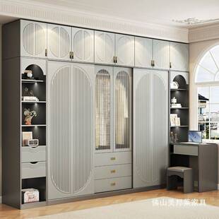 实木质灰色欧式推拉门书桌衣柜家用卧室储物柜移门衣橱大容量柜子