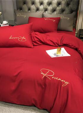 结婚上用JIT四件套婚庆红色婚床房喜被床被套被单婚品礼大红单色