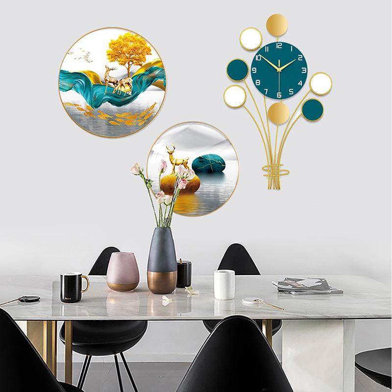 餐厅饭装饰现代简约轻奢厅墙面挂画PWQ圆形画档创意客画厅高挂钟