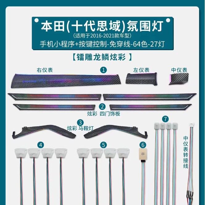 适用于十代思域改装专车专用车内气氛围灯64色中控仪表灯脚灯替换