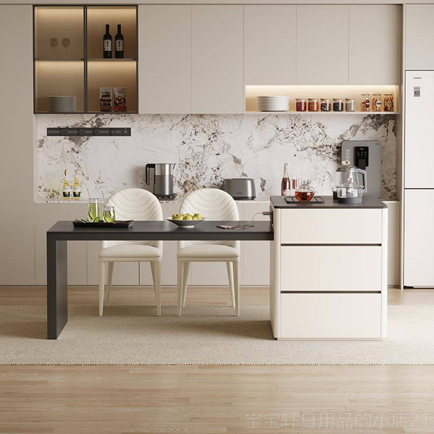 正品中古风岩板岛吧台餐桌一体导台家用可伸缩饭中桌现代简油约奶