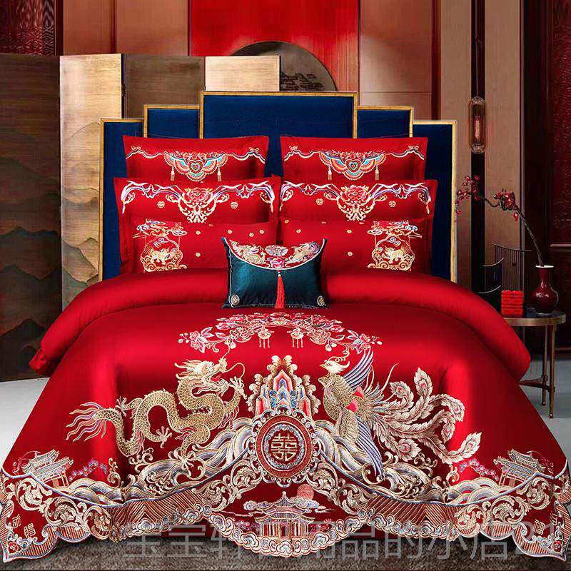 正品被婚四组大红色刺庆绣龙凤套新婚喜被绣花床上用品件结婚六八