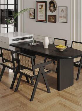 桌原木复古餐墙法MBS式吃饭黑色实木半椭圆桌岛台一体靠中古风餐