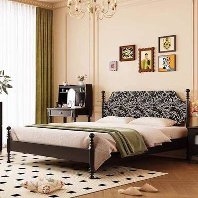 复古实BCU木床中古风人床主双卧法婚床1.8米式软包小床户型1.5单