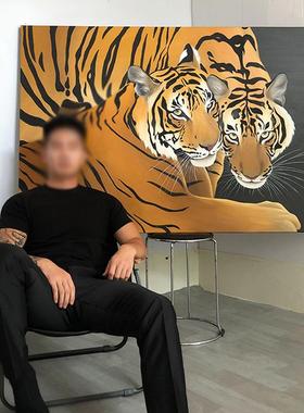 伯都与山君小众卧艺客术厅装饰画创意两只A188vJ8S大老虎玄关壁处