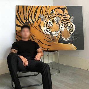伯都与山君小众卧艺客术厅装饰画创意两只A188vJ8S大老虎玄关壁处