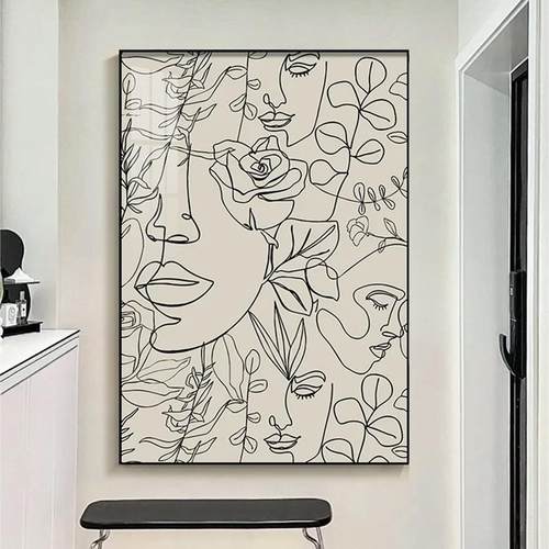 轮廓代黑白抽象人挂物装LKQ现饰画简厅约植物花卉画餐玄关线条壁