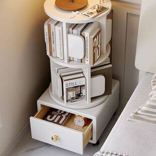 卧室儿童书柜简约床头柜全实木旋转小书架移动带轮床边收纳置物架