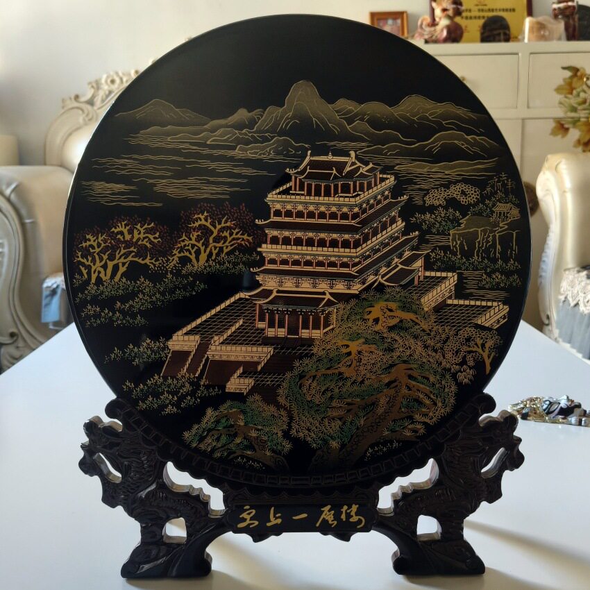 非遗推光漆器手工彩绘更上一层楼金箔漆画圆盘山西风光特产漆艺盘