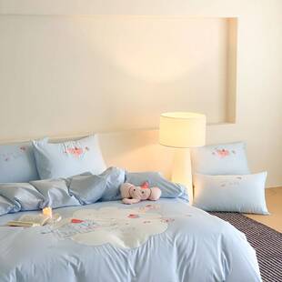 卡通纯棉水洗棉四件套四季可爱小象全棉床单被套儿童床上用品蓝色