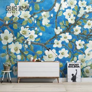 美式手绘蓝色花卉壁纸新中式无纺布墙纸客厅电视背景壁纸壁画墙布