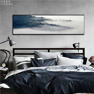 背靠金山招风水中式 财 山水轻奢发大WS9910卧室床头挂画沙背景气装
