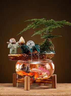 创意流摆件客厅UDO书造房公室带灯圈小办型家用水透明生财鱼缸中