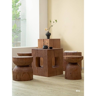 实木墩子休闲茶几凳子矮凳原木边几酒店民宿复古摆件组合树桩凳子