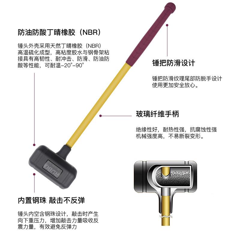 RUB无弹皮力橡胶锤瓷砖O模35mm1LB具轴安装锤防震橡香承槟锤胶皮