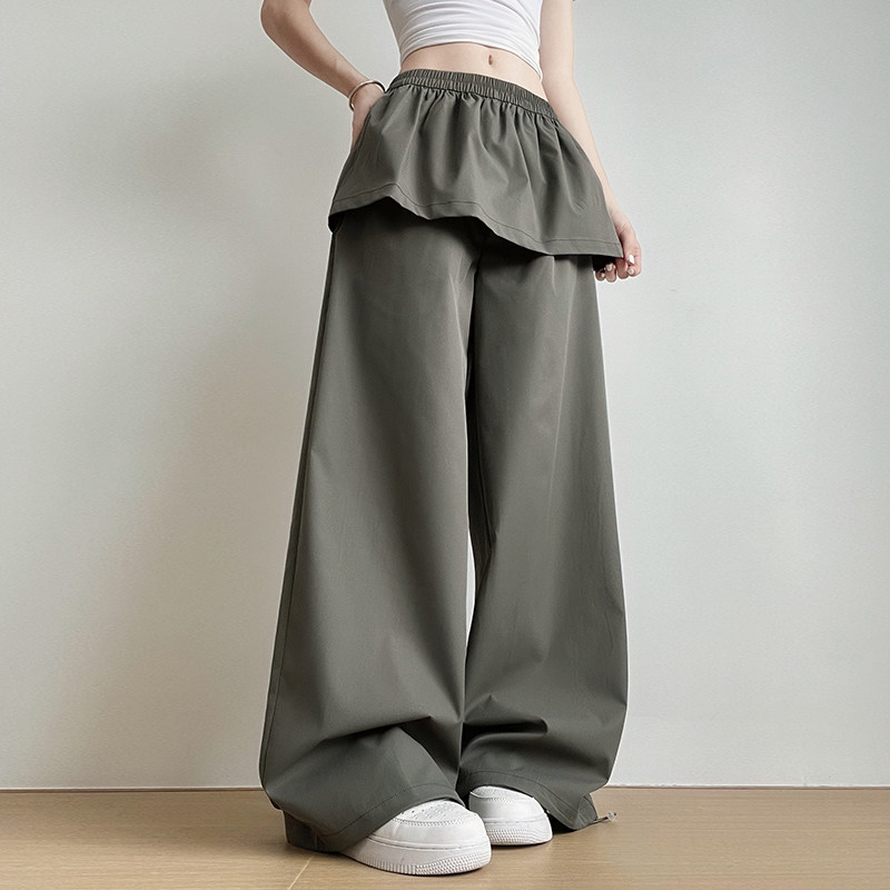 军绿色阔腿裤女夏季2026新款宽松慵懒风小个子休闲假两件屁帘裤子