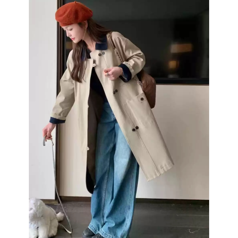 2025年冬季新款中长款宽松拼接风衣高级感气质加棉加厚撞色棉服