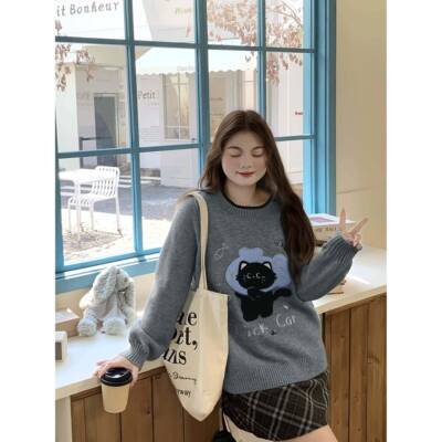 O条DMZ尺码装卡通巾绣大小毛猫圆辣领胖m女m套头宽松秋UH毛衣女20