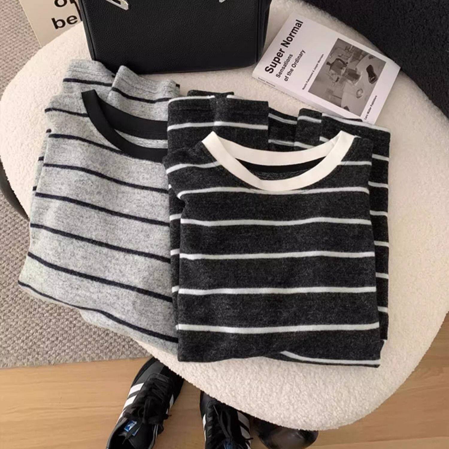 韩国东大门磨毛撞色复古条纹长袖上衣女早秋胖妹妹休闲大码T恤衫