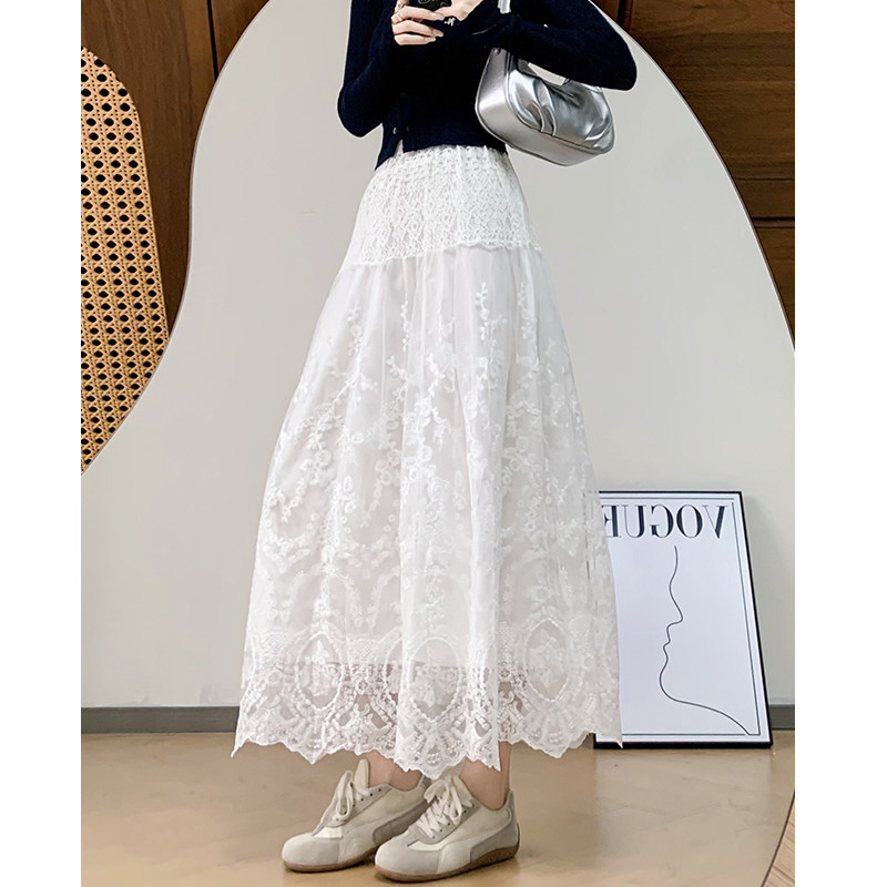 法式显瘦蕾丝花边半身裙女春秋2026新款白色A字裙松紧腰中长款裙