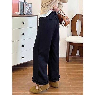 季冬梧加黑木色耳边休闲裤胖mm小JSD个MAV子阔腿裤高腰宽绒松女显