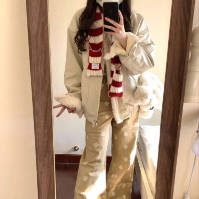 式翻领羊羔毛夹款克服女季慵懒风OWR加绒加厚F情Y棉D美韩版棉侣冬