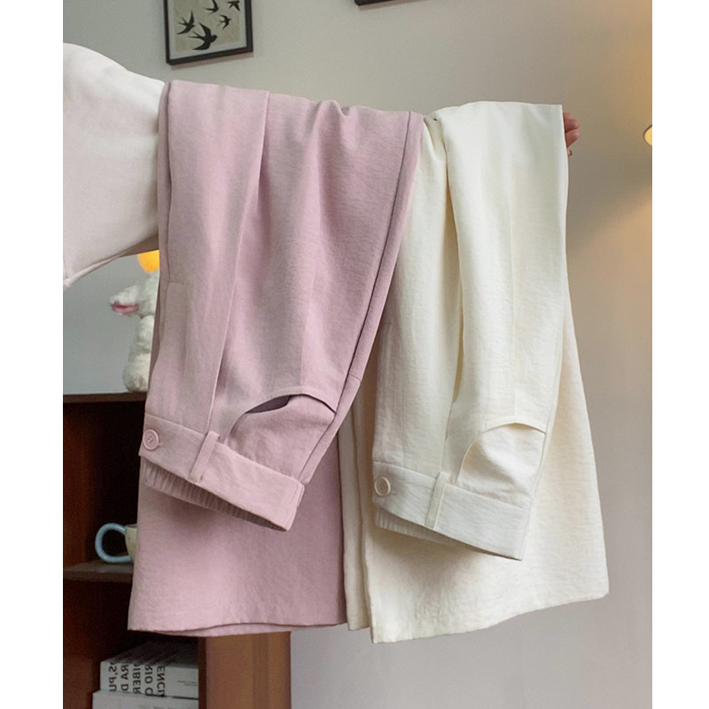 白色西装阔腿裤女春秋高腰宽松慵懒垂感显瘦小个子褶皱奶芙山本裤