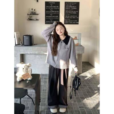 新95+官方立减8毛5】条纹卷折边显KXR瘦【折呢阔腿休闲西NVM品裤