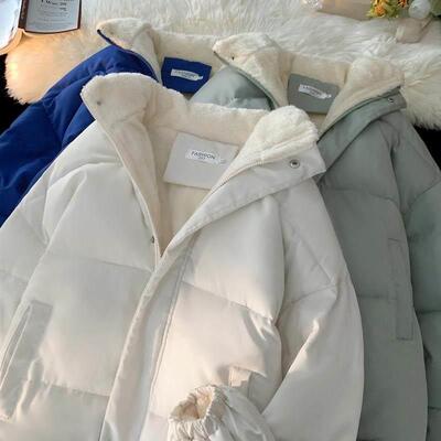 mm胖大羊毛棉服女冬尺季宽松显瘦搭纯羔色加KHANWQ绒加厚棉百袄外