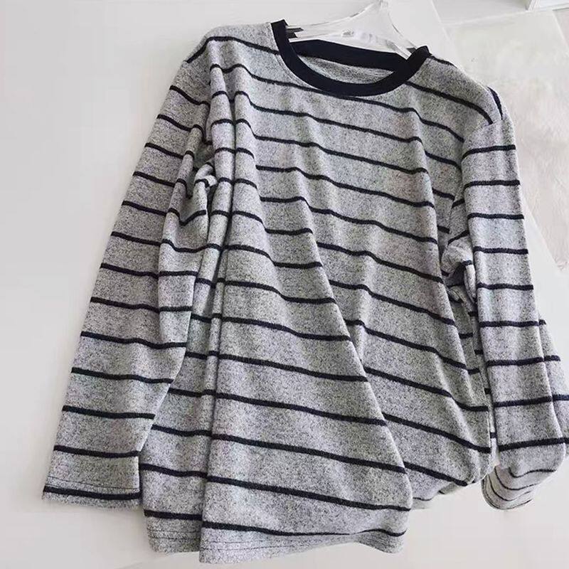 软绵绵软糯手感/撞色条纹女秋冬厚实休闲宽松学生打底衫长袖T恤女