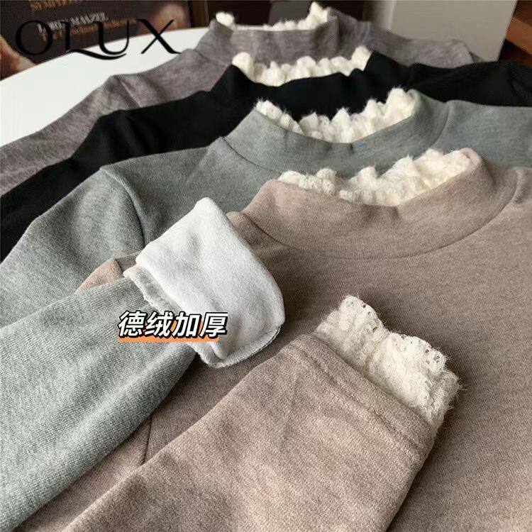 日系学院风花边蕾丝边德绒加厚打底衫T恤女秋冬加绒外穿长袖上衣