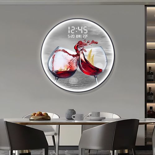 酒杯餐厅装饰画电子屏钟表饭厅餐桌背景墙挂画创意圆形时钟壁灯画