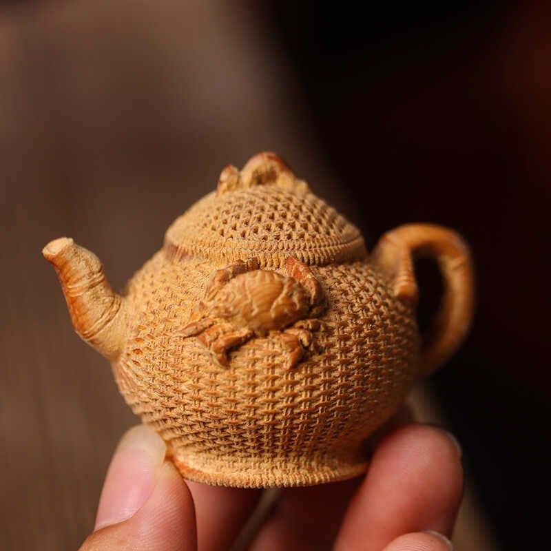 崖柏木雕螃蟹渔篓茶壶手把件茶宠八方来财家居桌面装饰摆件把把壶