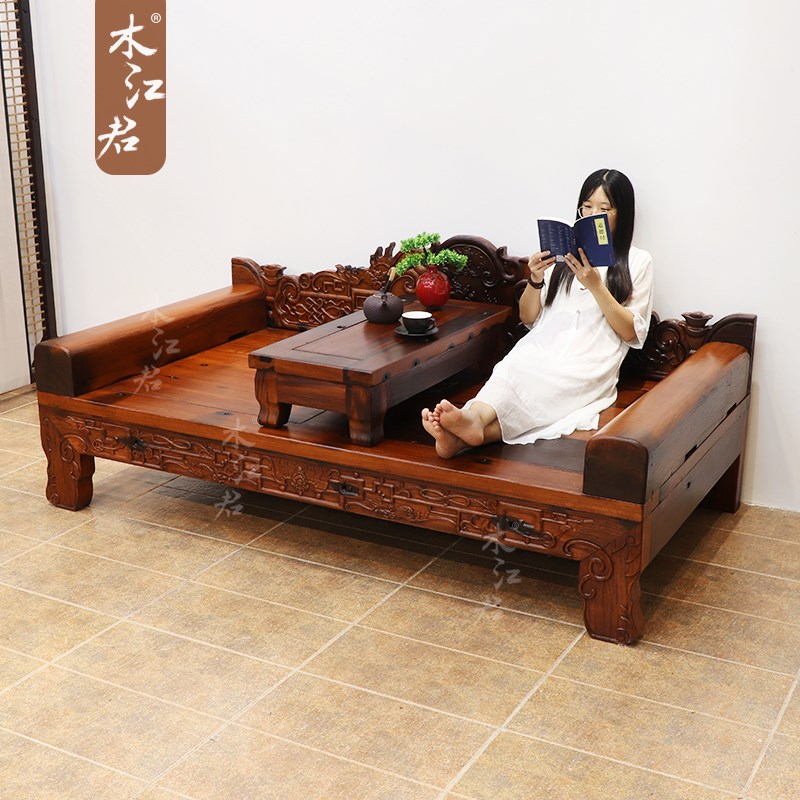 木江君老船木雕花罗汉床小户型懒人沙发椅实木中式人床休闲躺椅